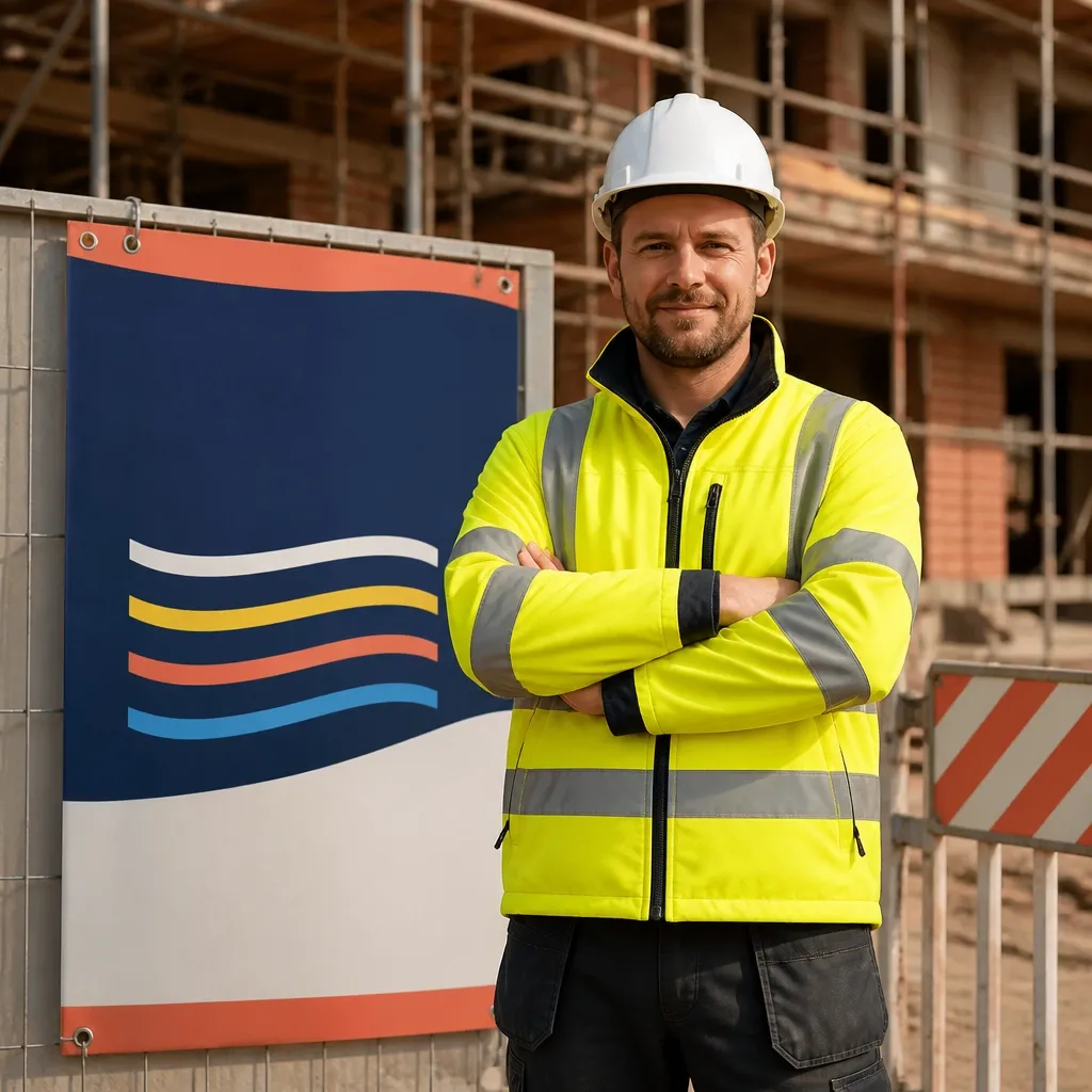Construction worker in high-visibility branded workwear with site signage