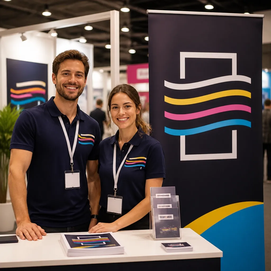 Event staff in branded uniforms with lanyards and an exhibition banner