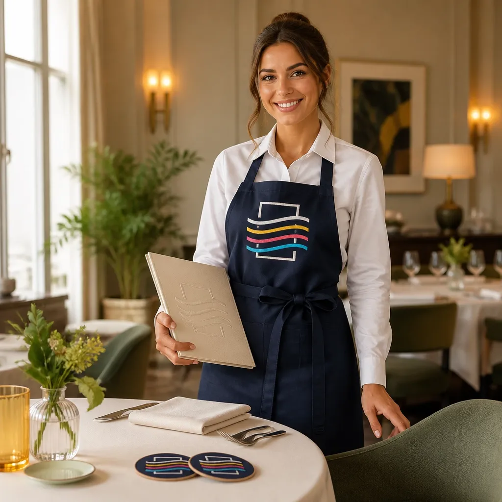 Restaurant server in an embroidered apron with a menu and branded coasters