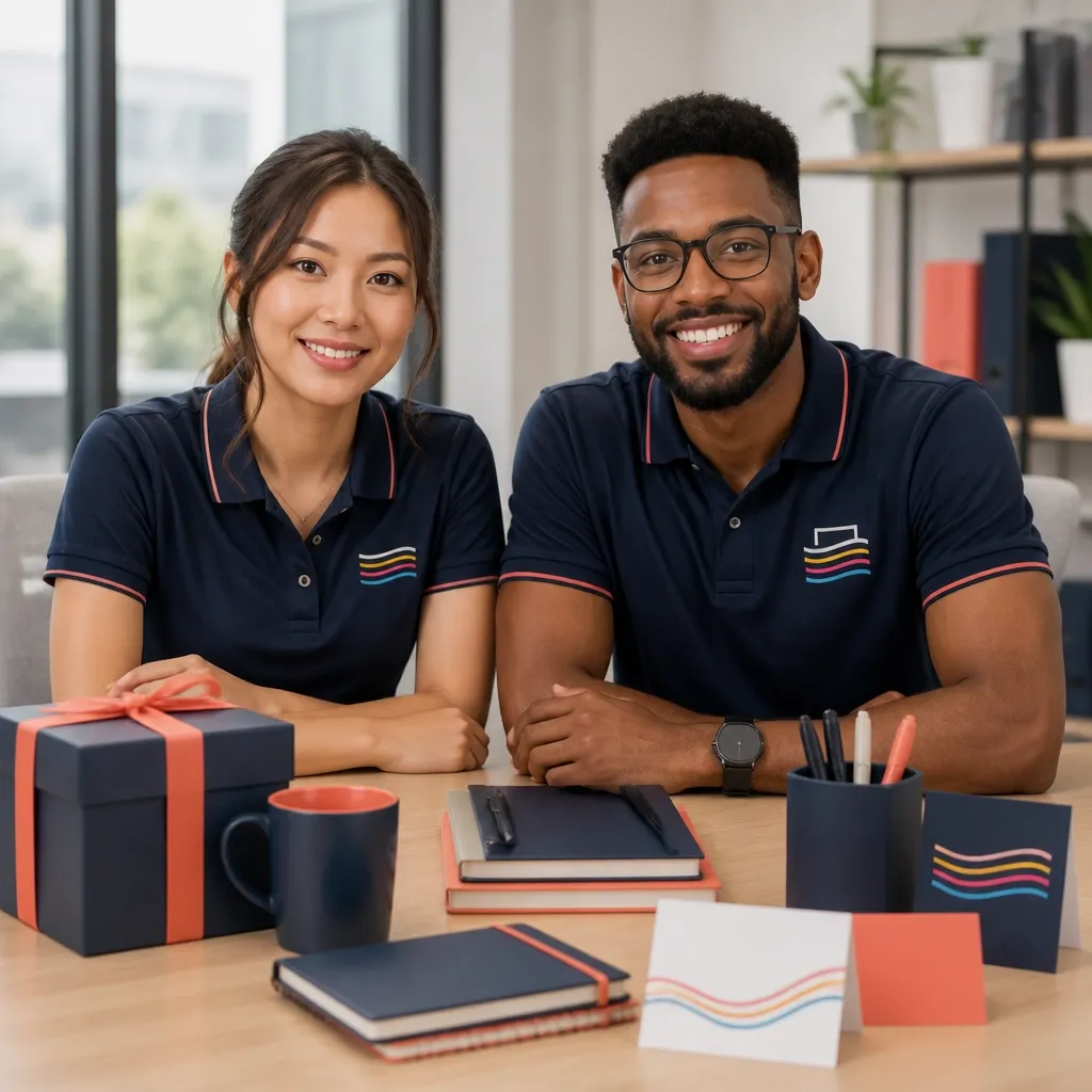 Office staff in branded shirts with corporate gifts and printed stationery