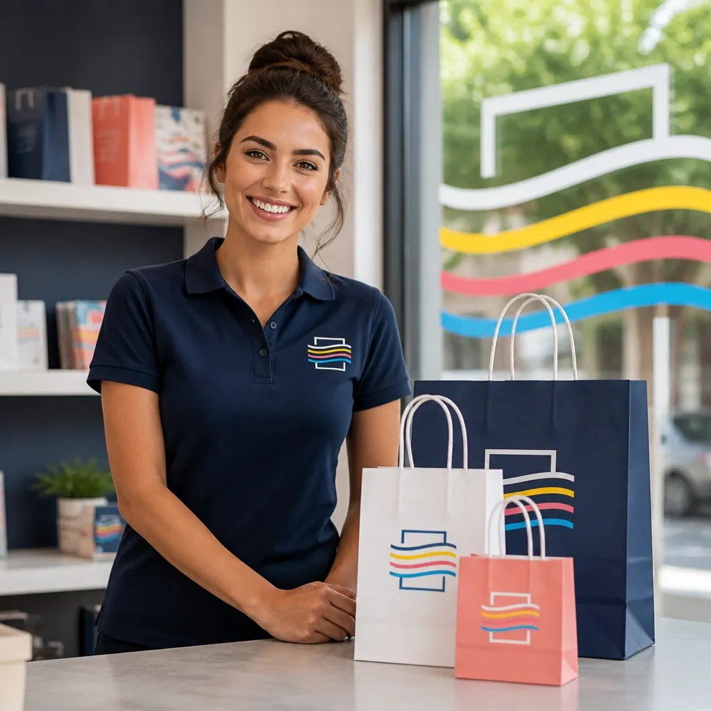 Shop assistant in a branded polo shirt with custom printed shopping bags